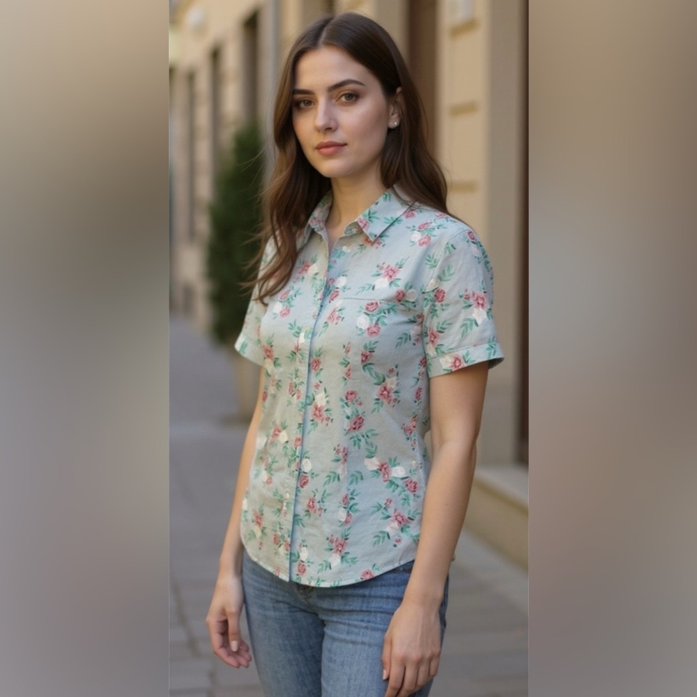Vintage Jessica Scott Petite Floral Short Sleeve Denim Shirt